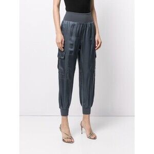 Cinq A Sept Giles Jogger Pants  Satin Pull On Rustic Blue Cargo Pockets Size XS